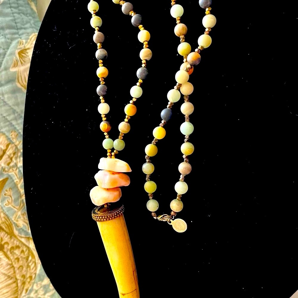 Artisan made camel bone horn on long amanzonite with rhodochrosite beads